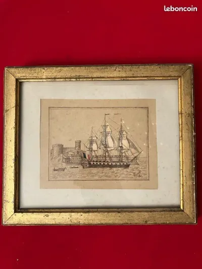 Dessin encadré - Voilier ⛵️ militaire 3 mâts devant le port de Brest