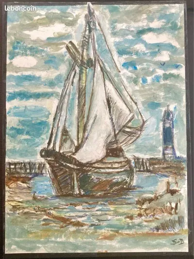 Peinture Huile style ancien voilier Mer Impressionnisme 21x29cm signé