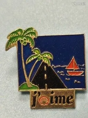 Vintage pin's Shell j'aime, palmiers route mer voilier, collection rétro (Ref 9)